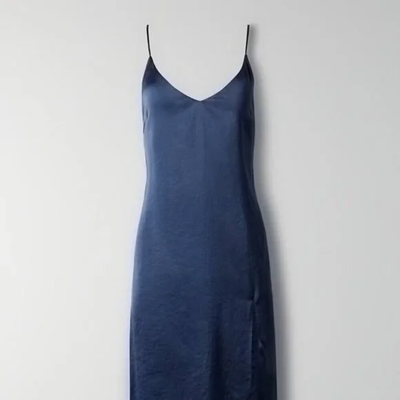 Aritzia Wilfred Only Slit Slip Midi Dress Classic Navy Blue Size XS - Picture 5 of 11